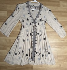 Free People Star Gazer Embroidered Cream Peasant Mini Dress XS Boho