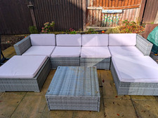 Grey Rattan/Wicker Patio Corner Lounge Set with Cushions & Square Glass Table