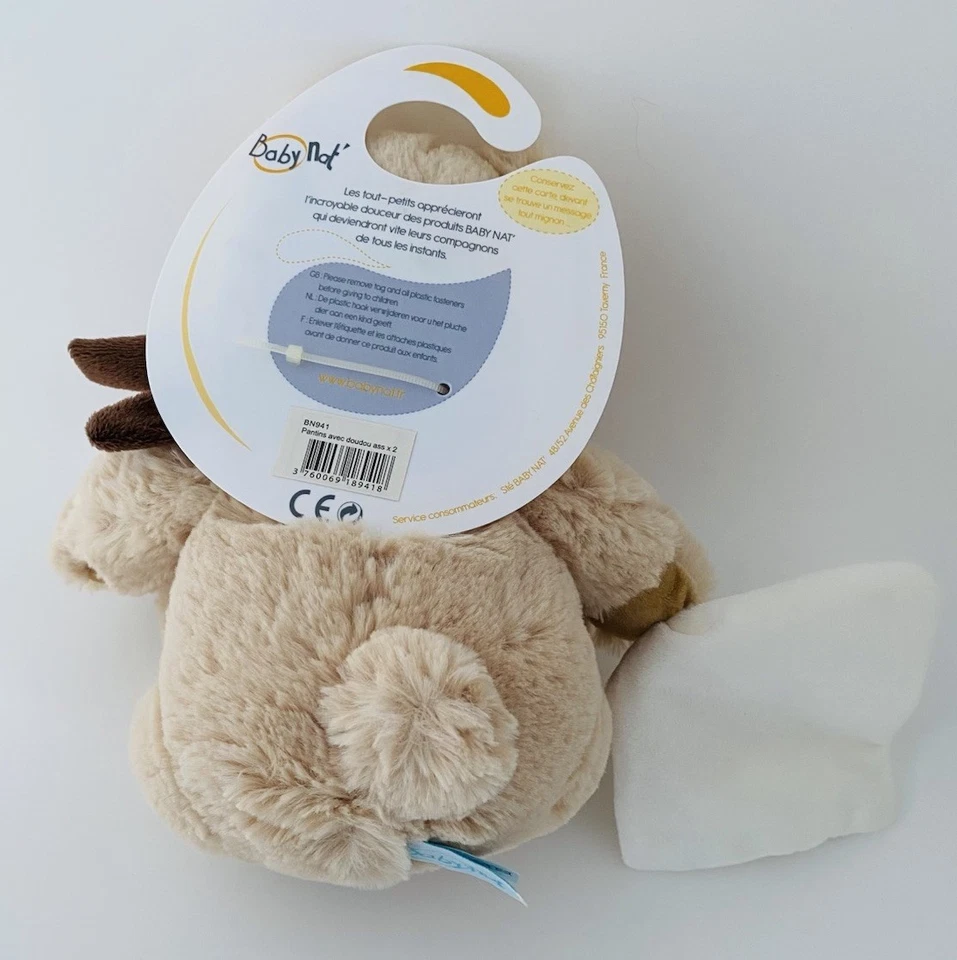 6280🌟21cm Doudou Peluche Mouchoir Blanc Ours Babynat Baby Nat Beige Marron - Photo 2/3
