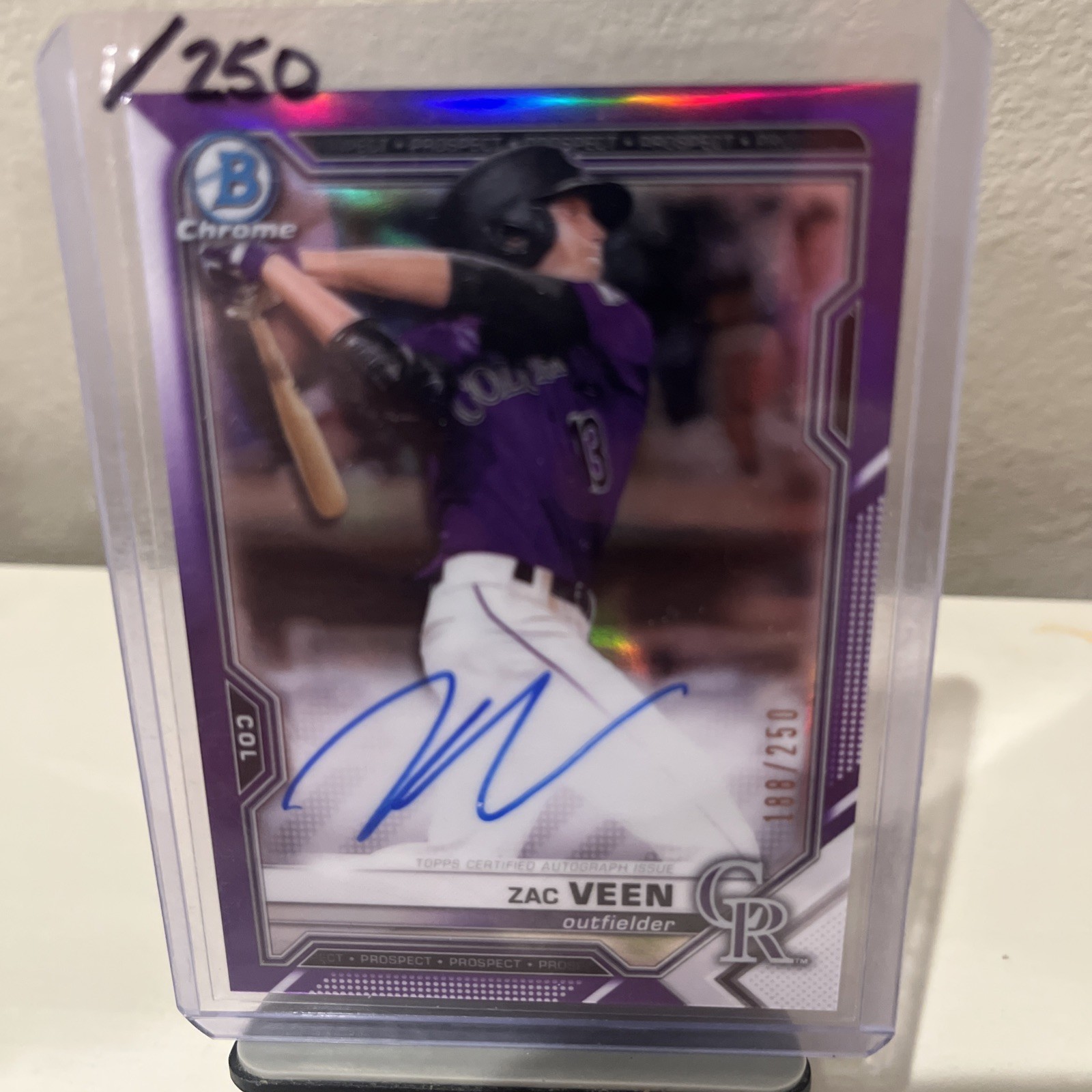 2021 Bowman Chrome Prospects Purple Refractor Auto Zac Veen /250 Rockies