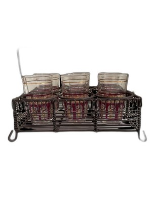 Mid Century True Vintage Italian CERVE set of 6 Glasses in Wrought Iron Basket