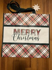 CHRISTMAS REUSABLE Tote Bag ~ PLAID  ~ MERRY CHRISTMAS ~ Snap Closing