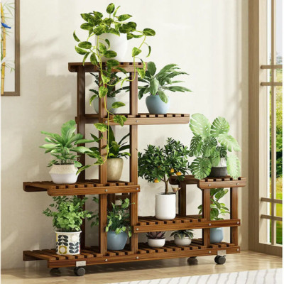 UNHO Wooden Plant Stand with Wheels Multi-Layer Rolling Plant Flower Display She