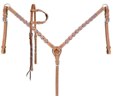 Showman Argentina Cow Leather Headstall Breastcollar Set w Red White Blue Lacing