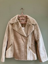 Jacket Uk 12 By Derhy Faux Suede & Shearling Biker Style Zips Creams Rp £129 Bnt