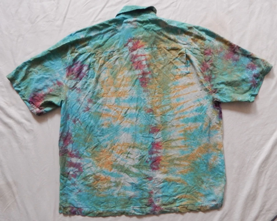 Camisa de seda tie dye azul verde a rayas abotonada - XL para hombre hecha a mano psicodélica Foto 2 de 4