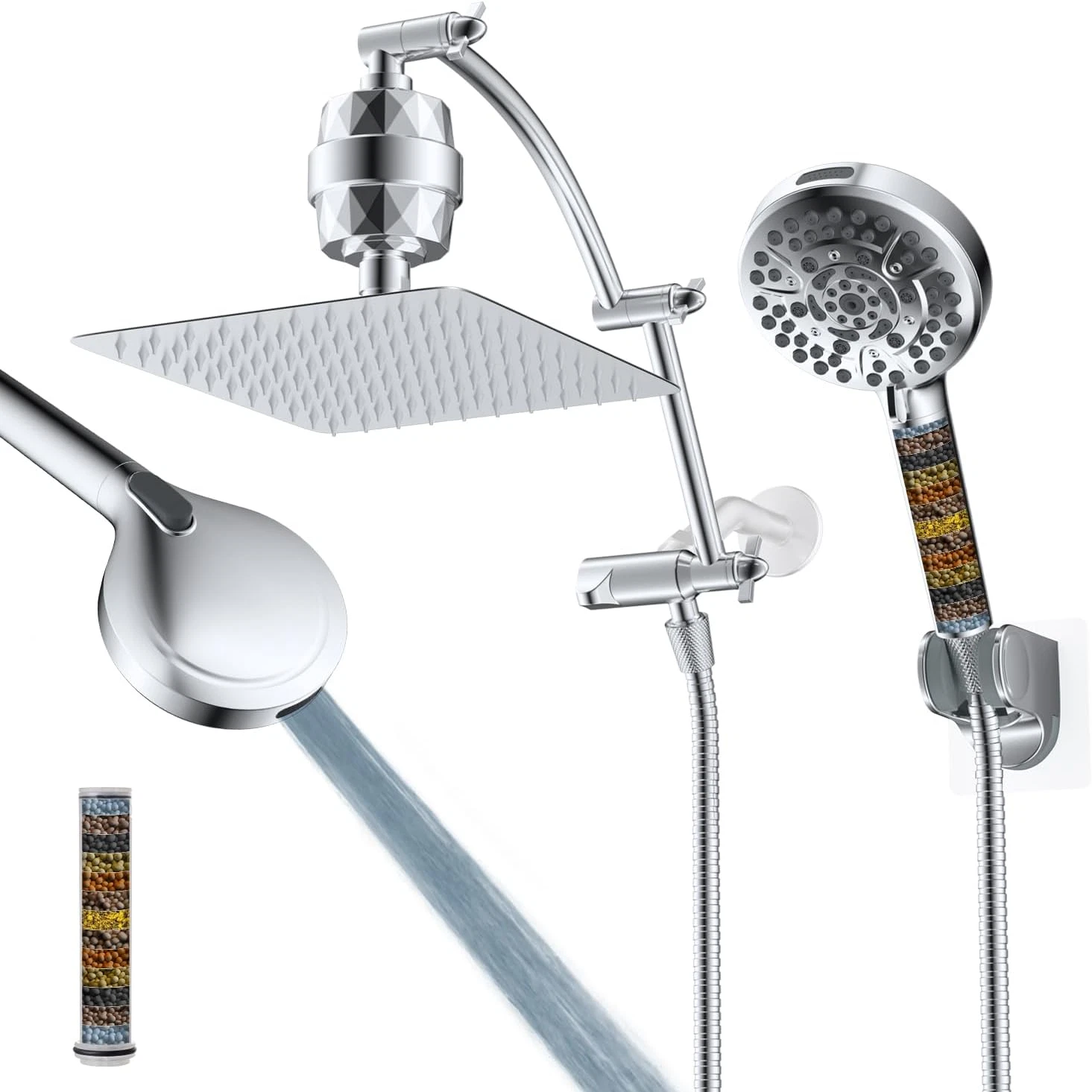 10'' Dual Filtered Rainfall Shower Head Combo with Handheld & 71'' Hose