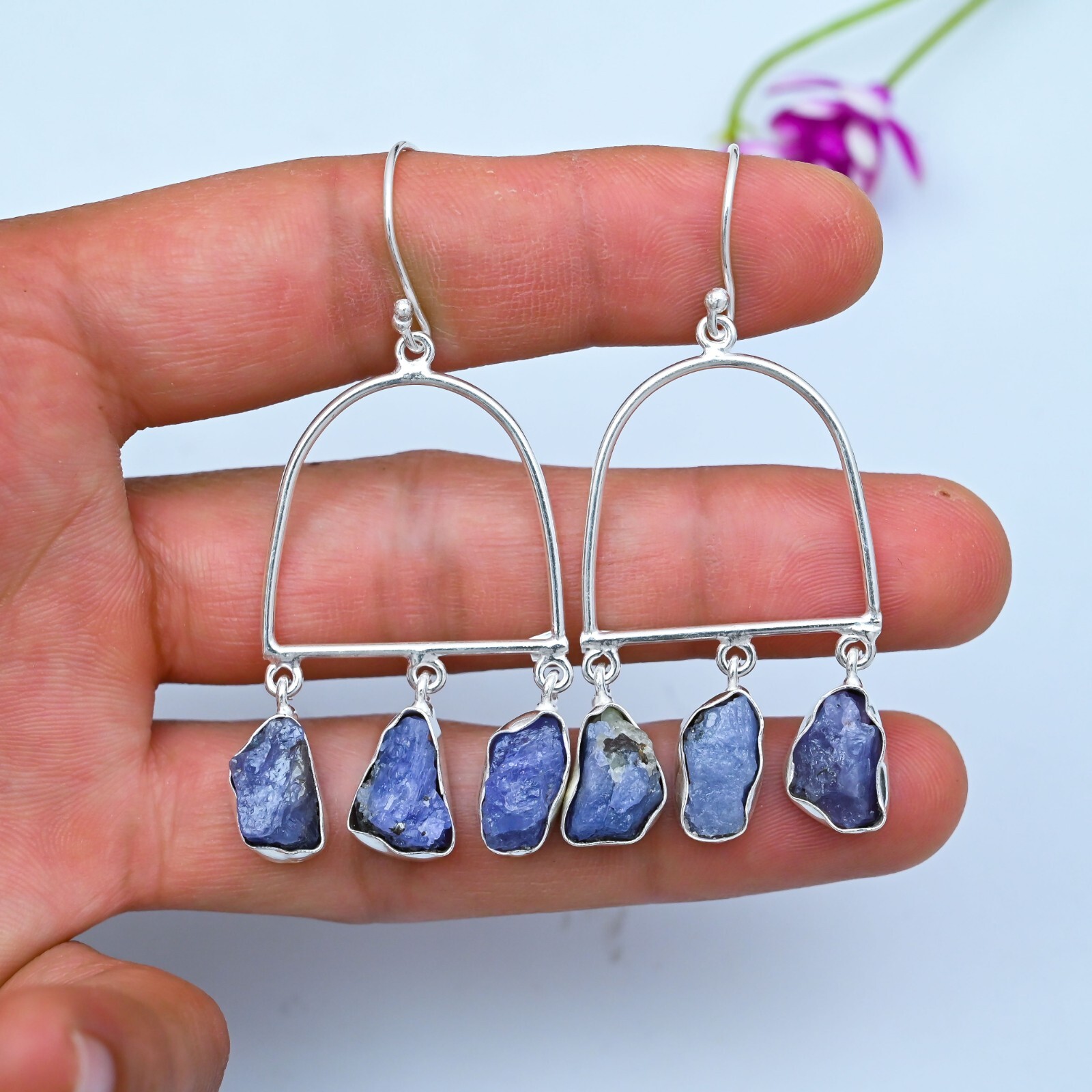 Natural Raw Tanzanite Gemstone Earring 925 Sterling Silver Handmade Jewelry Gift