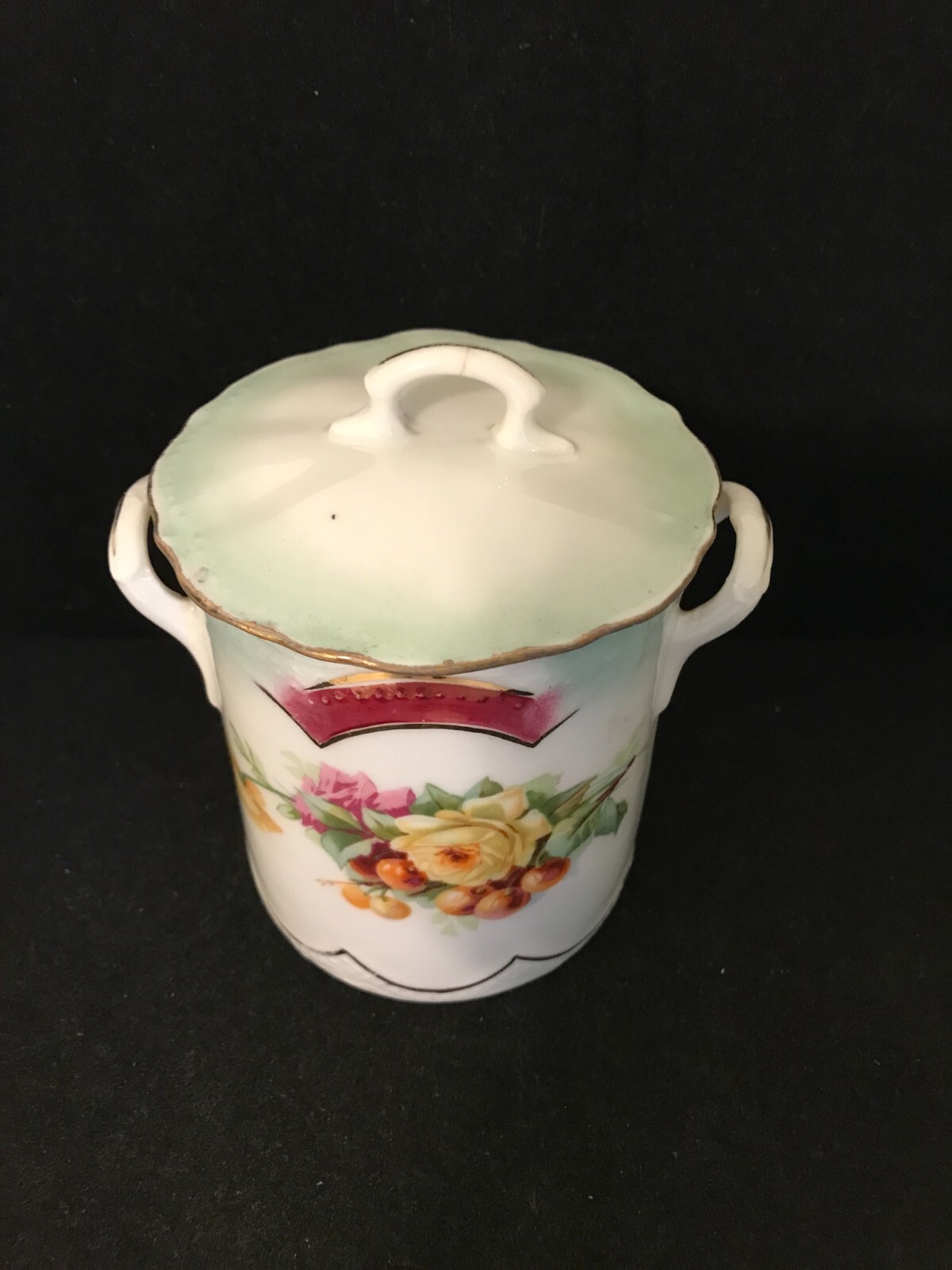 VINTAGE CONDENSED MILK HOLDER WITH LID WHITE AND LIGHT GREEN WITH