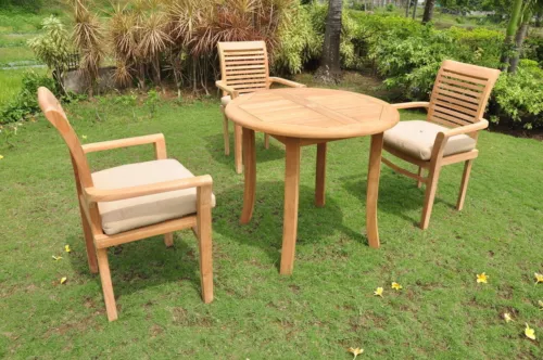 Sam Grade-A Teak Wood 4 pc Dining 36" Round Table Arm Stacking Chair Outdoor Set