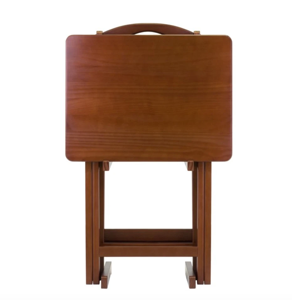 Juego de bandejas de TV de madera con acabado de nogal de 5 piezas con soporte mesas plegables almacenamiento de bocadillos Foto 3 de 4