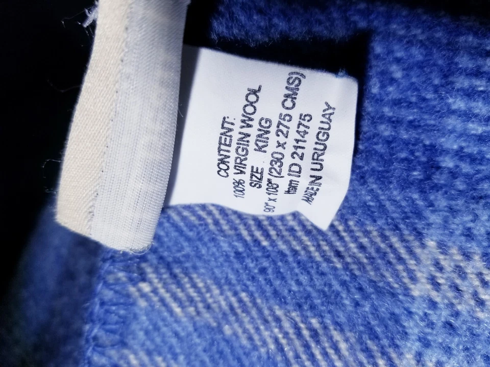 LL Bean Virgin Wool Blanket White Blue Plaid Tartan 100" / 86" King Excellent - Image 4 of 4