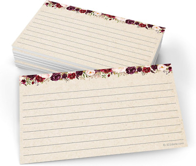 Floral Ruled Index Cards - Made in USA - Small 3X5 (Set of 50), Narrow-Ruled Lin