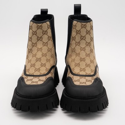 size 9G 9.5 US Gucci Boots Chelsea Beige Brown Black Canvas Ankle