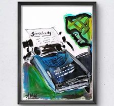 Typewriter Vintage Retro Original  Pop Art 9X12 PAPER Acrylic Painting