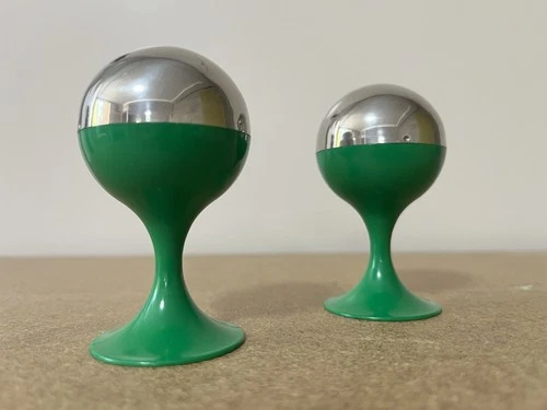 1970's QUIST Space Age Chrome Orb Salt & Pepper Shakers with Green Tulip Base