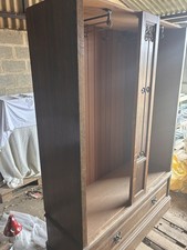 Brown Dark Wood Wardrobe 2 Mirrored Doors 1 Drawer Hanging Rail 133x194hx47