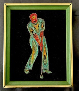Vintage Mid Century 3D String Art Nail Man Putting Golf Wall Decor Multi Color