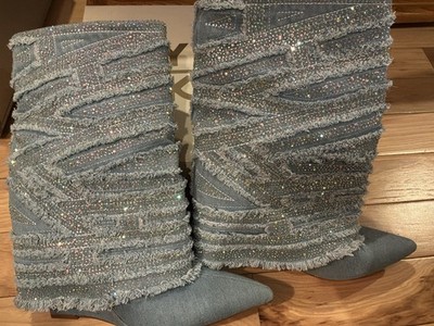 Yoki Denim Rhinestone Slouch Boots Women Size 10 Wedge Heel Sparkly Fringe