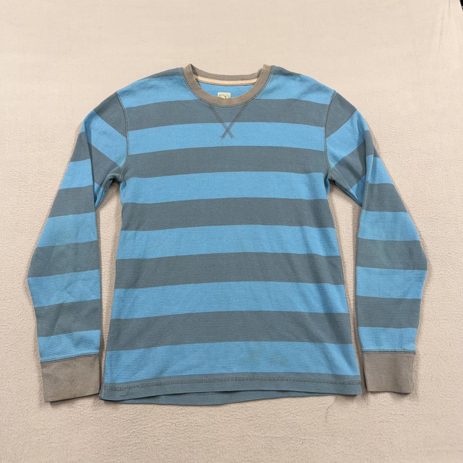 OP Shirt Mens Medium Blue Gray Striped Thermal Waffle Long Sleeve Crewneck