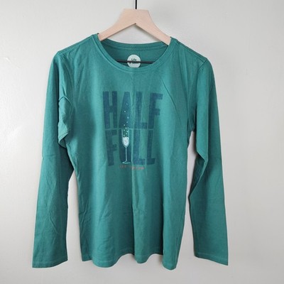 Life Is Good 'Half Full' Champagne Long Sleeve Tee Sz M Green Graphic T-Shirt
