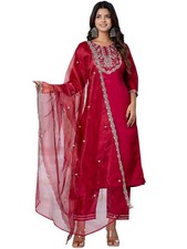 Women's Silk Blend Embroidered Kurta with Pant  Dupatta Set
