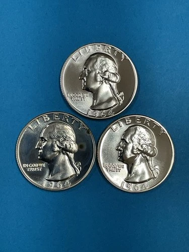 3-Coins 25c SILVER Washington Quarters Proof 1964