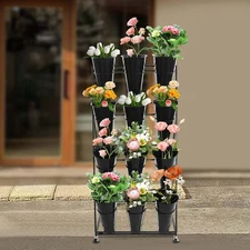 4-Tier Flower Rack Plant Stand Rolling Iron Bonsai Display Shelf w/ 12* Buckets
