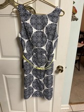 The Limited Blue and White Sleeveless Belted Shift Dress Geometric Small 6