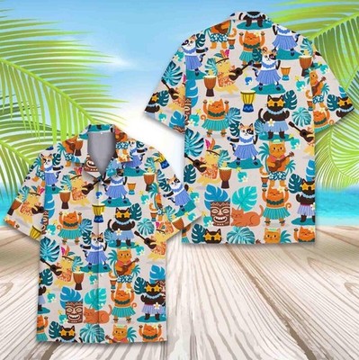 Aloha Cat Hawaiian Shirt Men Women Youth, Tiki Cat Dancing Shirt Button Up Short
