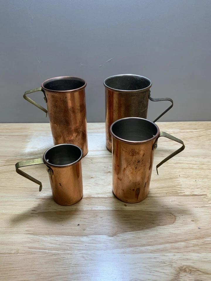 4 copos líquidos antigos de cobre altos empilháveis para medição da década de 1970 - Imagem 4 de 4