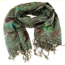 Pashmina/Silk Scarf Wrap Shawl Green Purple Paisley Tassels