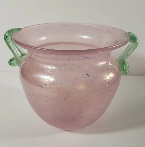 Murano Scavo Vase Pink With Green Handles 6" Tall