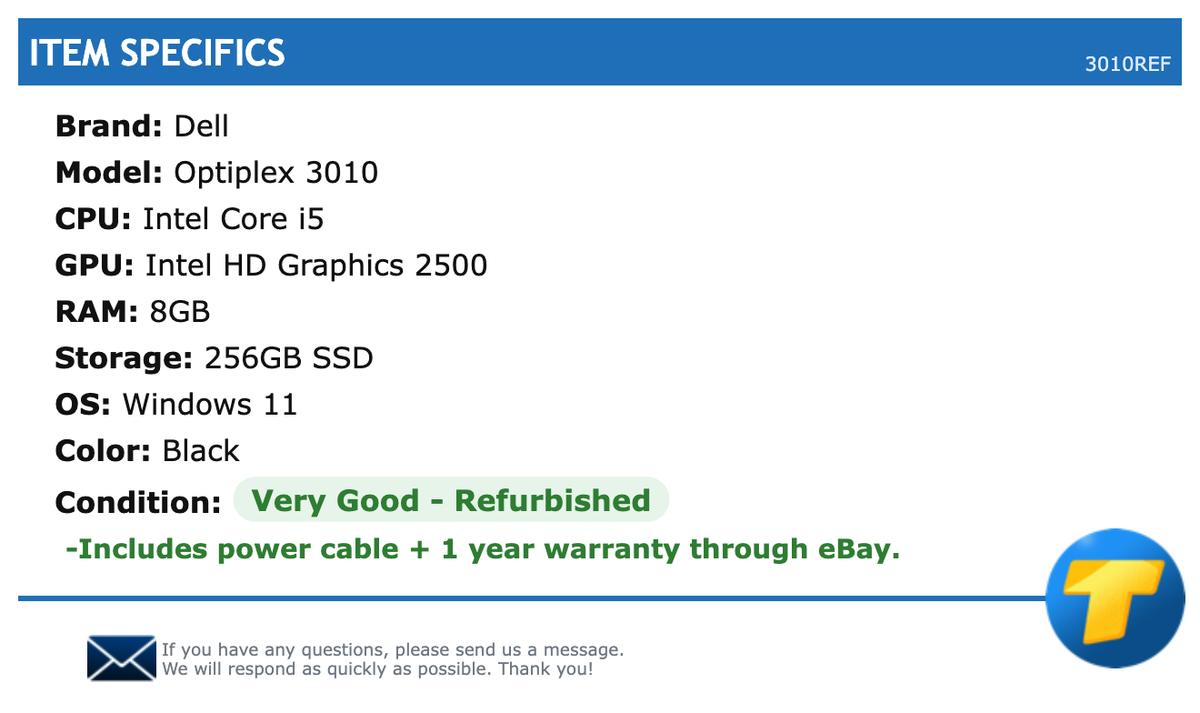 Dell Optiplex 3010 - Intel Core i5, 8GB RAM, 256GB SSD, Windows 11