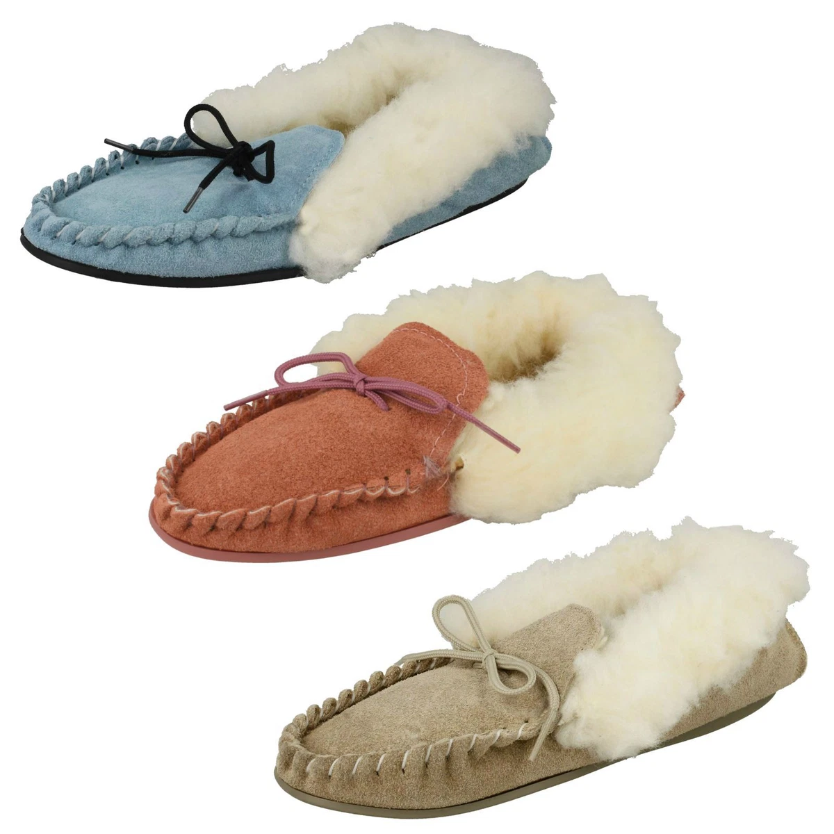 LADIES FUR LINED MOCCASIN SLIPPERS REAL SUEDE MOCCASIN Blue Pink