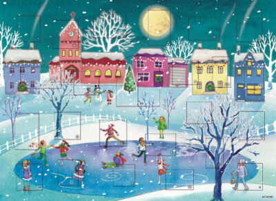 EISLAUFEN AUF DEM TEICH Adventskalender 23 x 33 cm env Medici Flitter