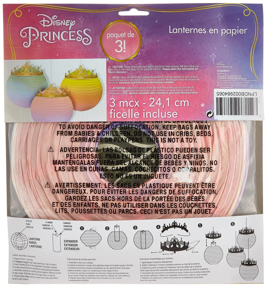 Disney Princess Hanging Lanterns Pack of 3 Party Decorations with Tiara Design - Image 2 of 2