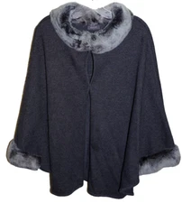 C3 BASLER Gray Wool Blend Knit Shawl Cape Jacket Rex Rabbit Fur Collar & Cuffs