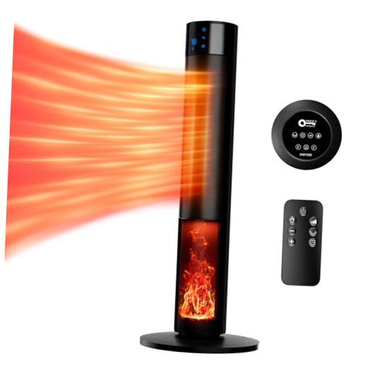 Portable 1500W Space Heater with Fireplace,70° Oscillating PTC Ceramic Tower