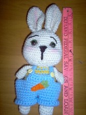 New, handcrafted/crochet bunny 11" with bibs