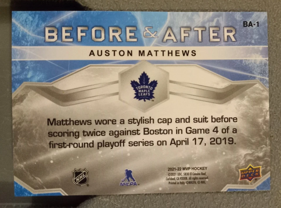 Auston Matthews Maple Leafs 2021-22 Upper Deck MVP Before & After #BA-1 - Image 2 of 2