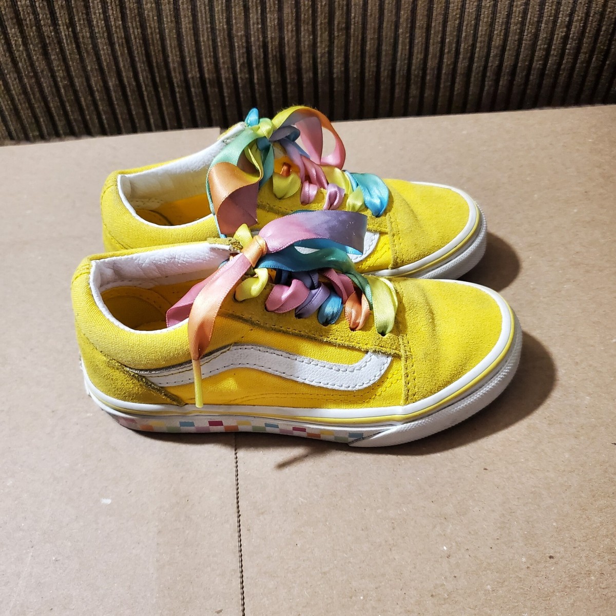 Vans Old Skool Rainbow Laces Canvas Suede Yellow White Kids Shoes Girls  Size 11