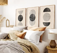 Black and Beige Abstract Circle Line Art Set of 3 Wall Canvas Paintings