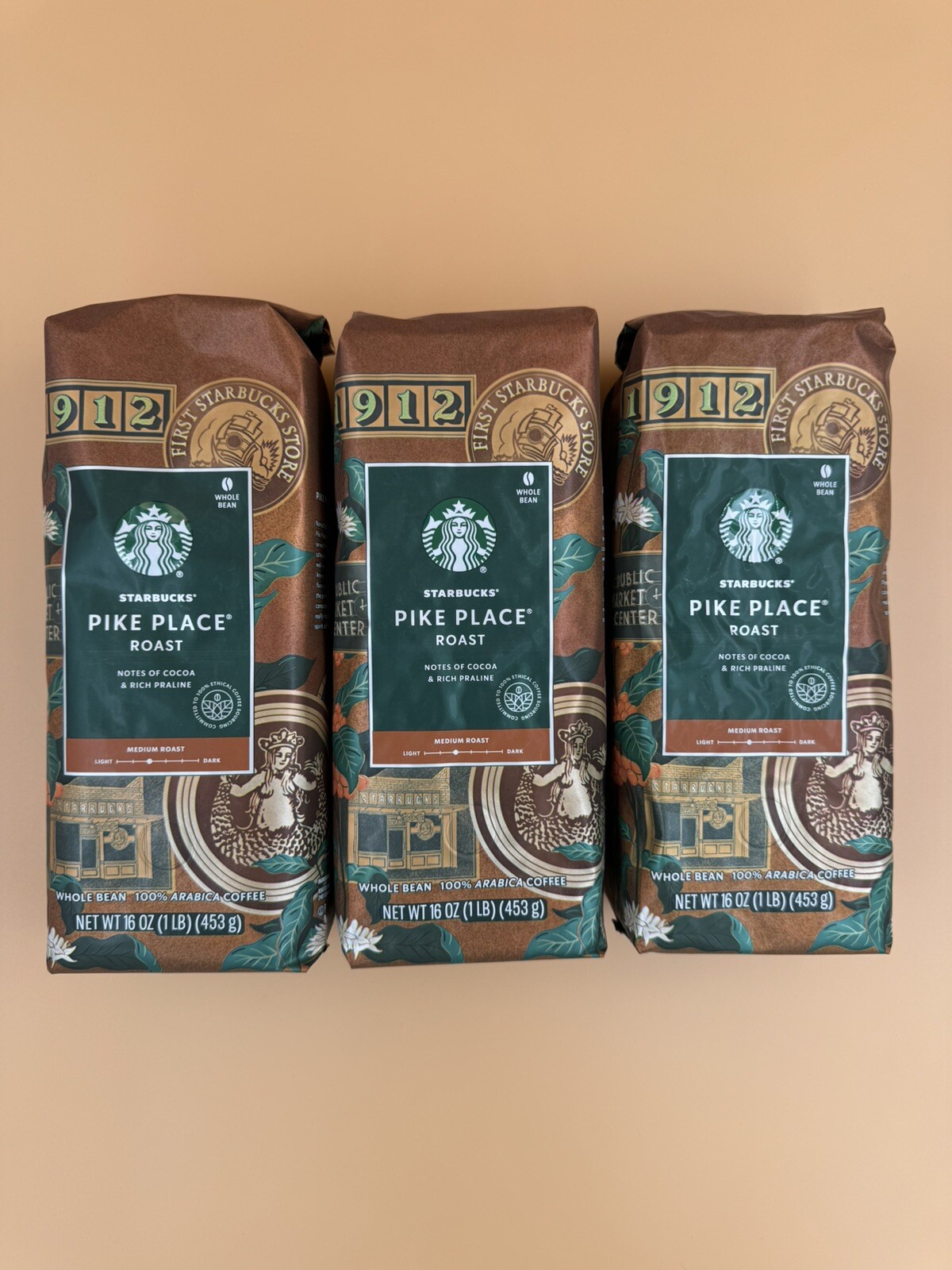 3 Pack Starbucks Pike Place Roast Whole Bean Coffee 16 oz BB 01/2025