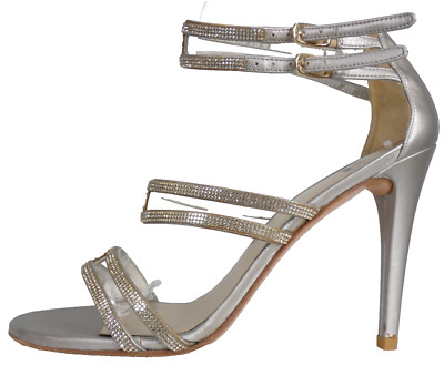 Stuart Weitzman Sandalen Absatz Silber Swarovski Kristalle Riemchen formelle Schuhe 6