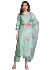 Women's Silk Blend Embroidered Straight Kurta Pant Set with Organza Dupatta