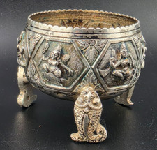 1880 Burmese Siam Repousse Gods Fish Sterling Silver Salt Cellar Offering Bowl