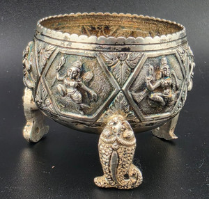 1880 Burmese Siam Repousse Gods 🐟Fish Sterling Silver Salt Cellar Offering Bowl