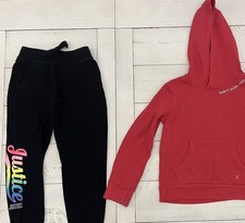 Girls Justice Black Jogger/Sweatpants w/ Rainbow Logo  Pink/Silver Hoodie 7/8