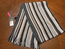 NEW FRAAS 100% Wool Scarf Pepper Black Brown Gray Tan Striped Frills 66” x 10”